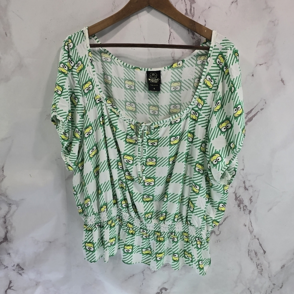 Keroppi By Sanrio Shirt Womens 4 Small Green Blouse Frog Plaid Tiled